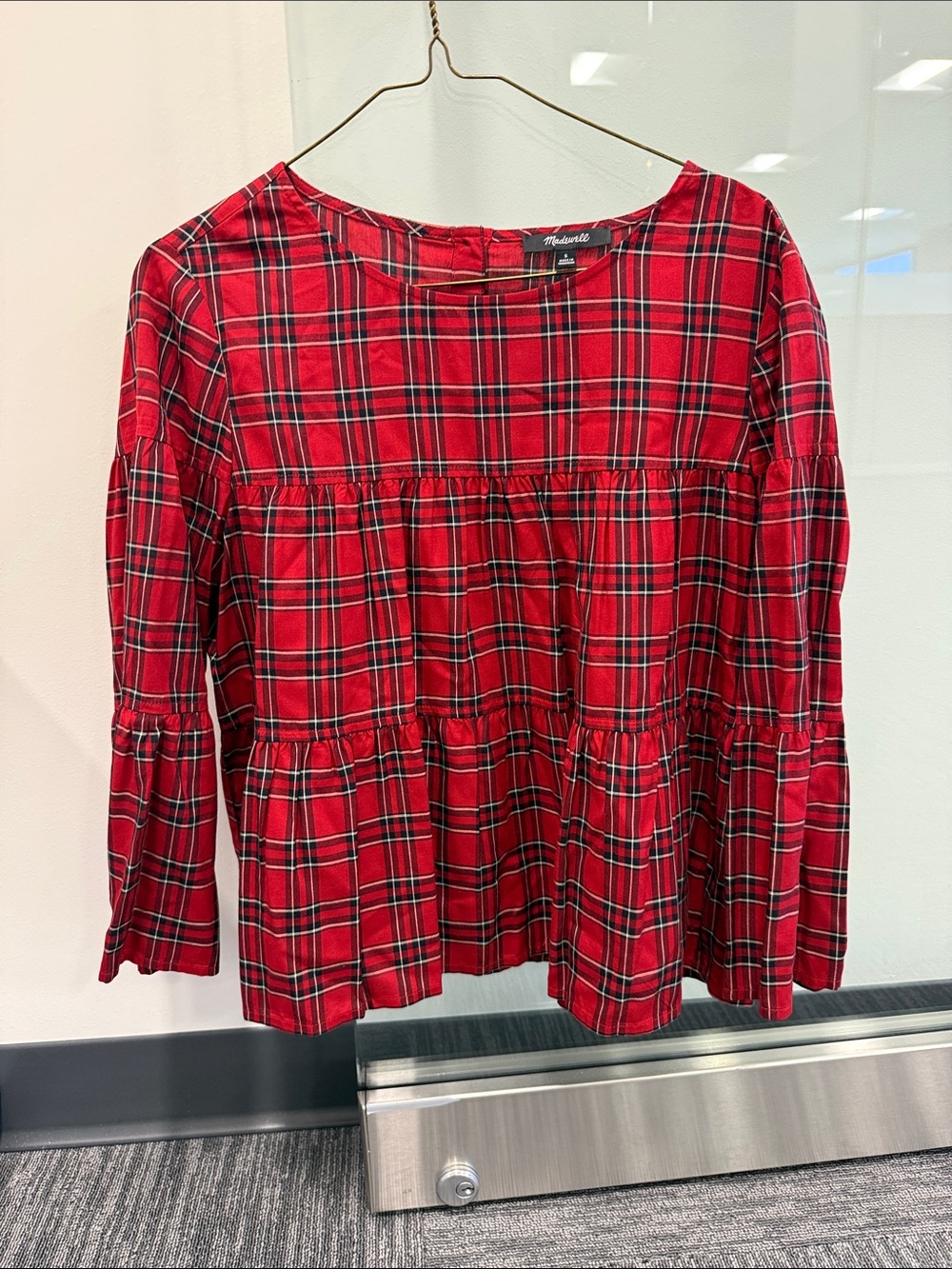 Madewell Red Plaid Tiered Peplum Blouse
